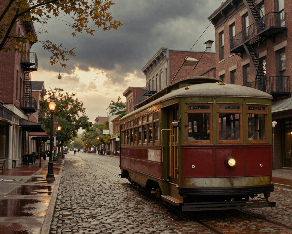 An old tram rattling through a historic city district, in the last light of dusk, under a darkening storm sky, as summer fades into fall, with muted olive and rust colors, from behind, looking toward the horizon.