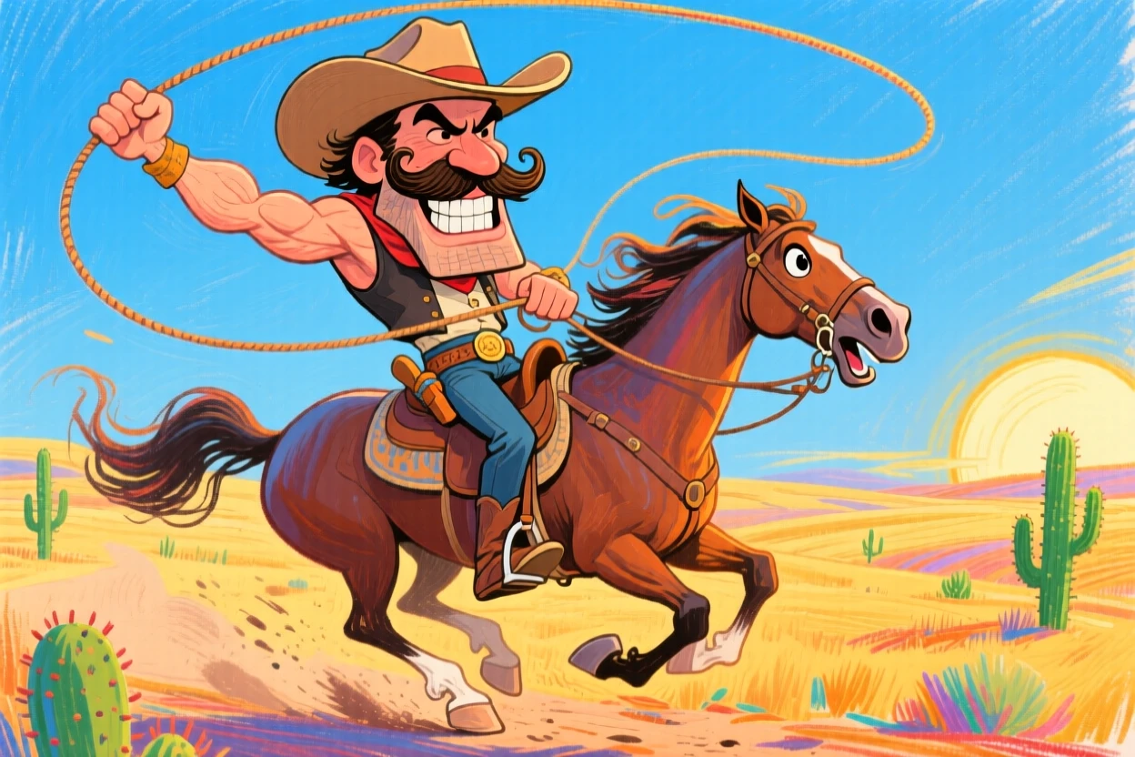 A cowboy hero riding hard across the plains, lasso twirling overhead.