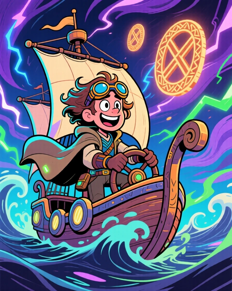 An imaginative fantasy scene of a time-traveling explorer steering a ship through a swirling magical storm, as ancient runes glow softly nearby.