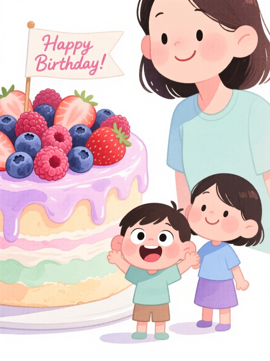 A cozy, appetizing, warm and inviting scene of a birthday cake covered in fresh berries and pastel frosting