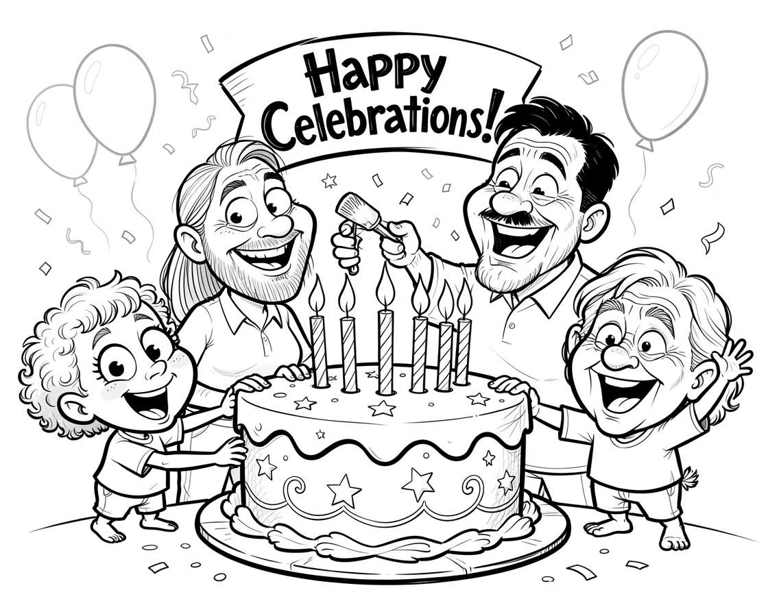 [Seasonal Holidays & Celebrations] Festive scene of a sparkling family sharing a giant celebratory cake, full of celebration and joy