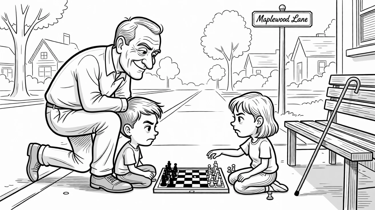 A grandfather beating his grandkids at checkers with a sly grin, swinging arms gently in matching, unhurried strides, set along a quiet neighborhood sidewalk. A cane leans against a nearby bench, momentarily forgotten. The scene radiates hard-won wisdom shared with love.