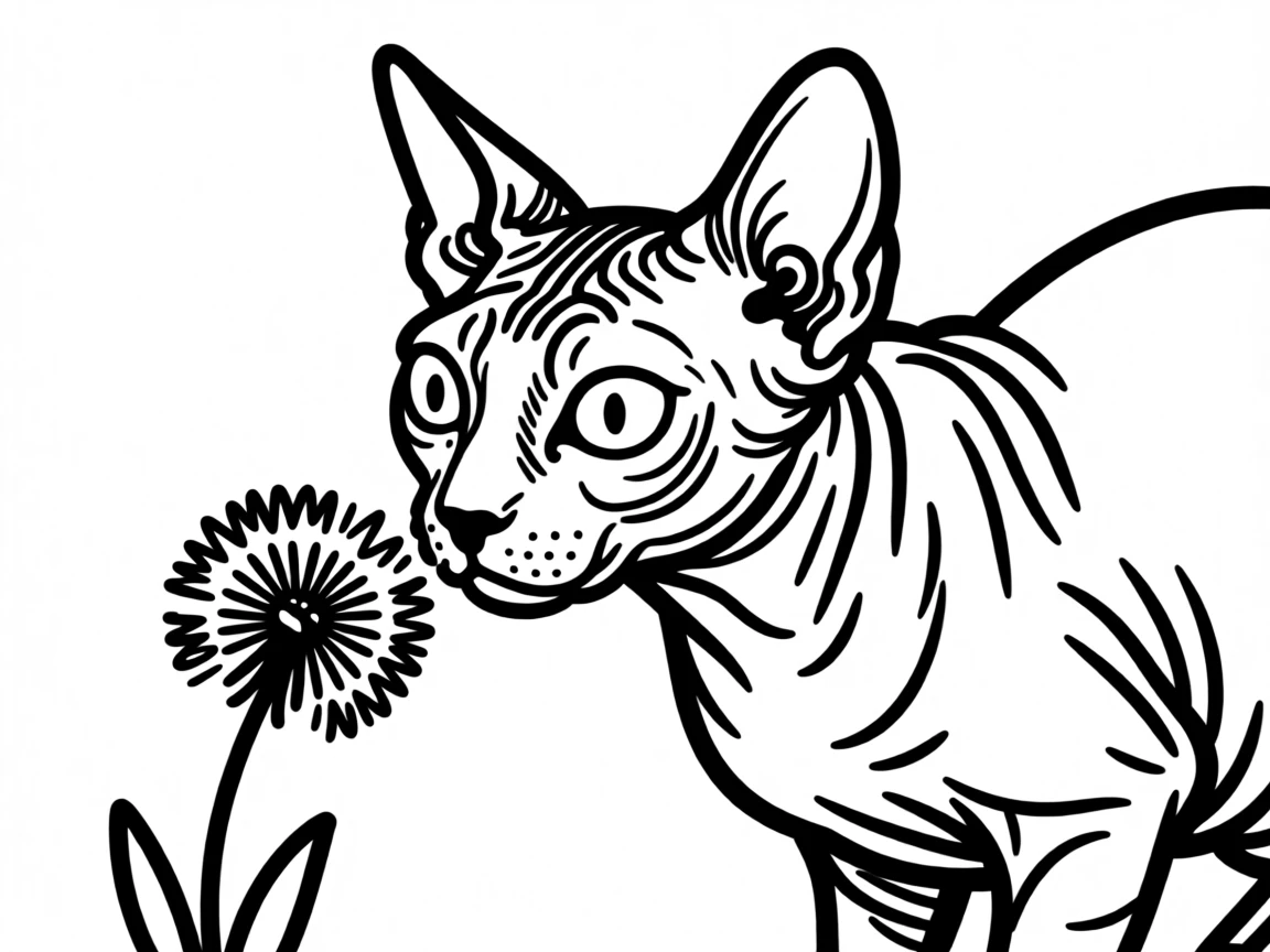 A sphynx cat curiously sniffing a single dandelion in a sunny backyard.