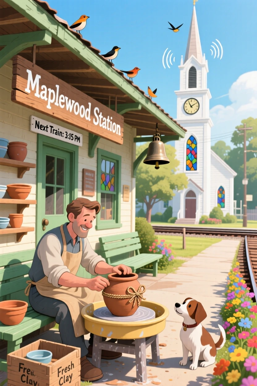 A potter shaping clay on a wheel pauses while wrapping a gift in brown paper and string in a small-town train station, as the church bell rings in the distance.