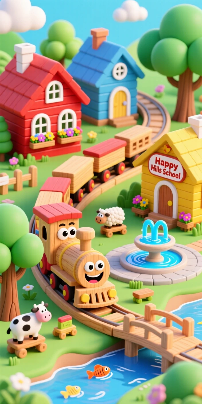 A wooden train set winding through a miniature village.