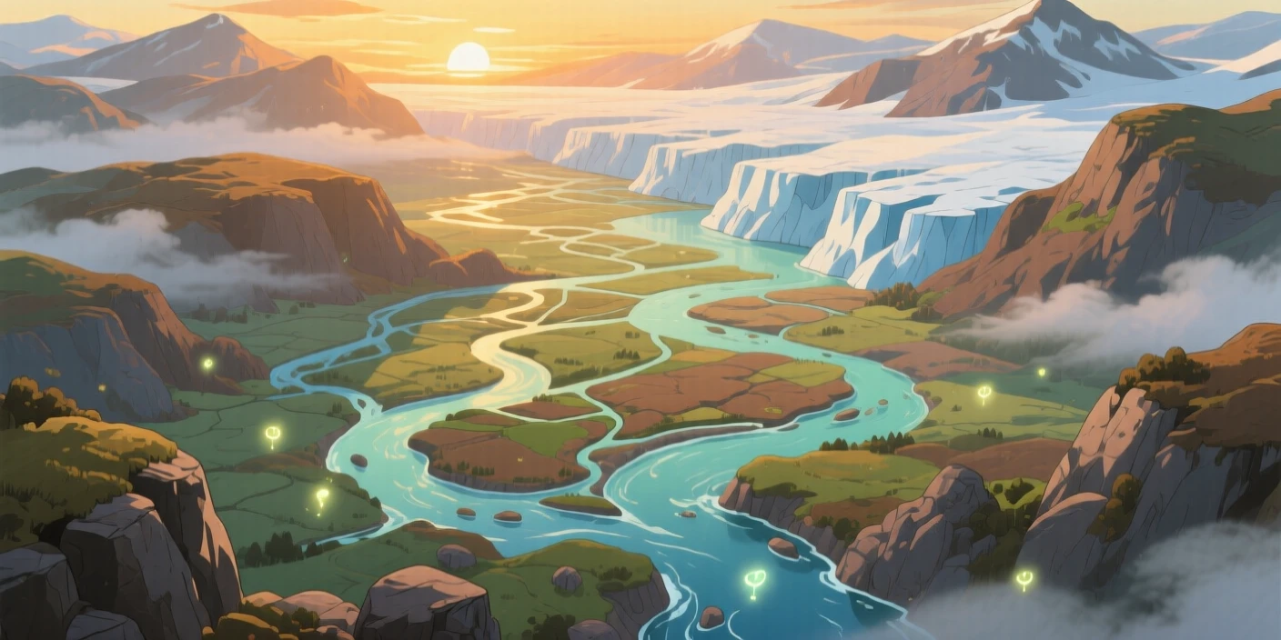 A breathtaking view of a glacier valley with braided rivers, with the last light of day painting everything amber, at sunrise, shown from directly above like a patchwork quilt.