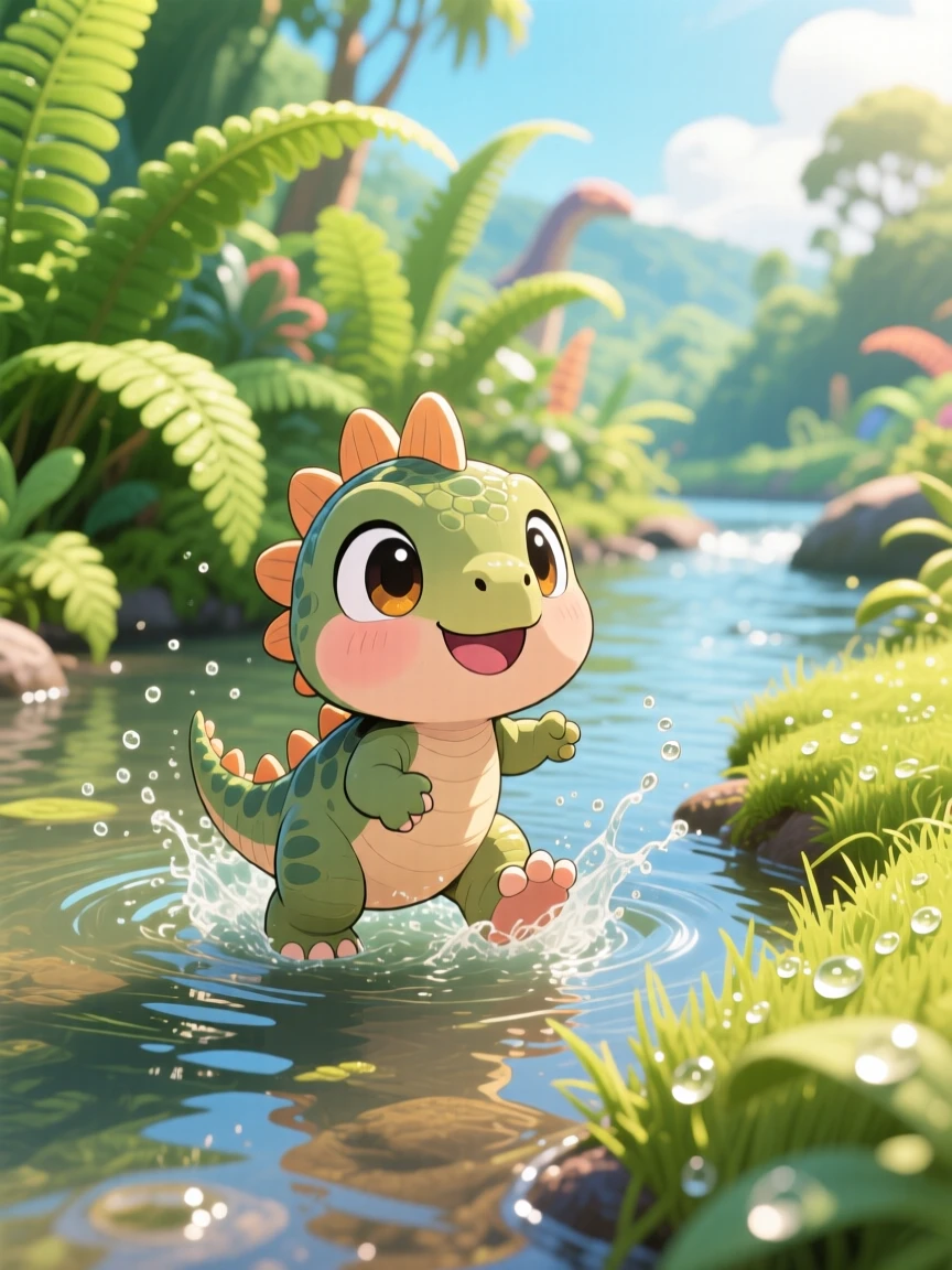 A baby stegosaurus splashing through a shallow prehistoric river, framed as a wide establishing shot within a fern-covered riverbank, as morning dew glistens on the grass, glowing under bright midday sun, evoking proud determination.