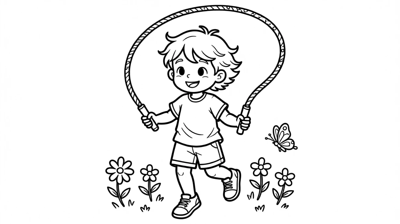 A child learning to skip rope with colorful patterns