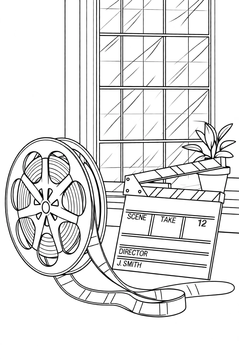 A film reel unspooling beside a director's clapperboard, with a window casting soft natural light over the scene.