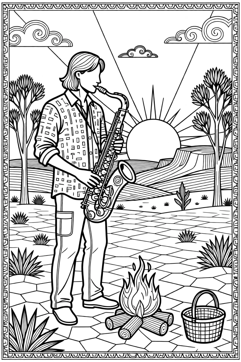 A wind instrument player at sunset in the outback.