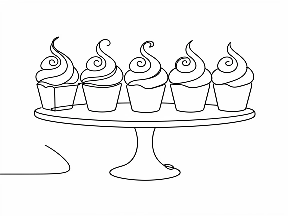 A row of colorful cupcakes topped with swirled frosting on a dessert stand
