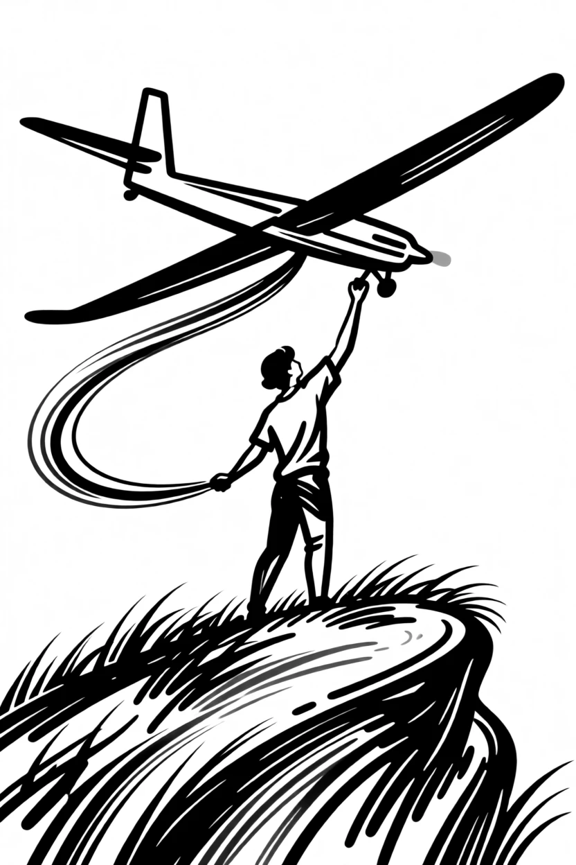 A model airplane hobbyist launching a glider from a grassy hilltop.