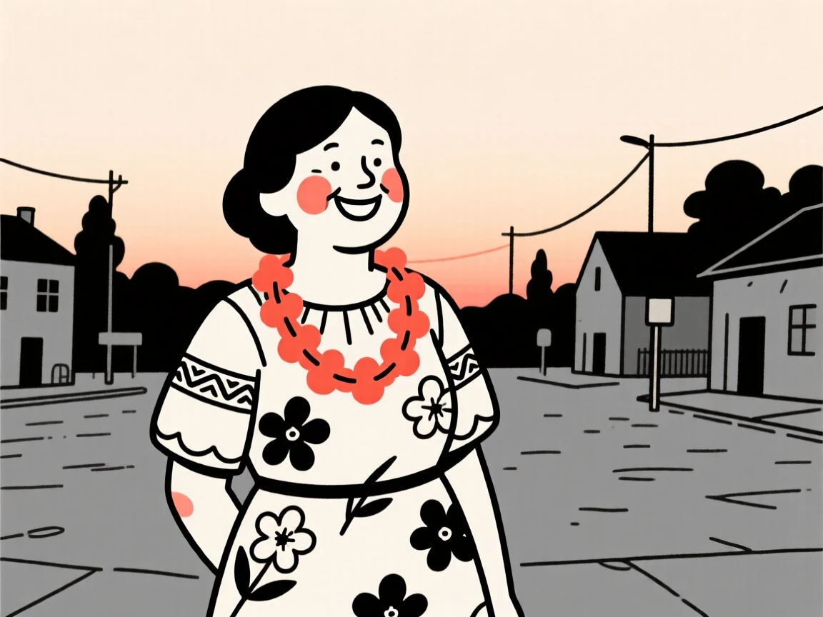 A mother of Russian heritage wearing a traditional Hawaiian lei and dress, grinning mischievously, on a village square at dusk.