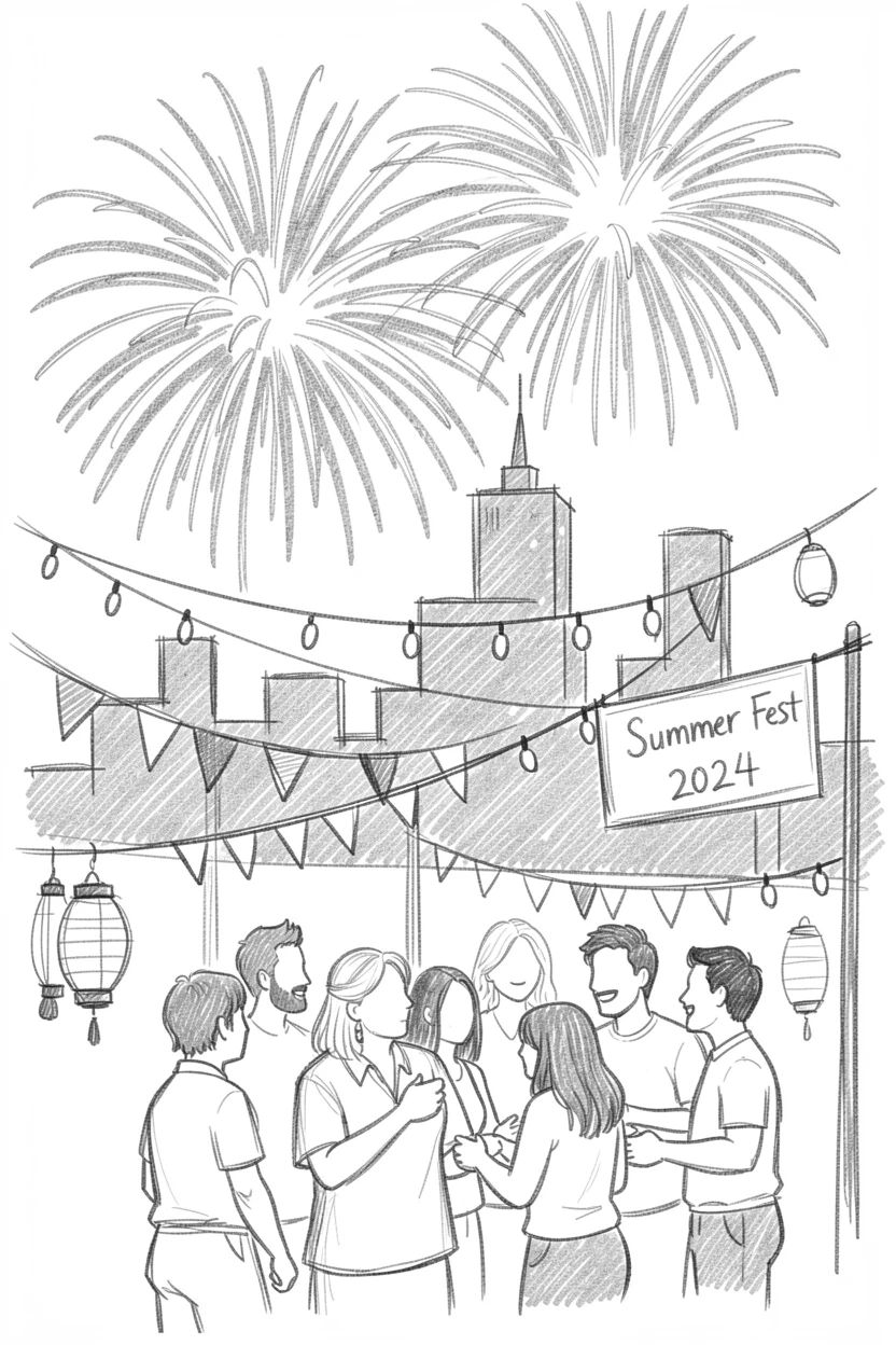 A festive scene of fireworks bursting over a summer night skyline surrounded by loved ones, with decorations catching the eye at every turn.