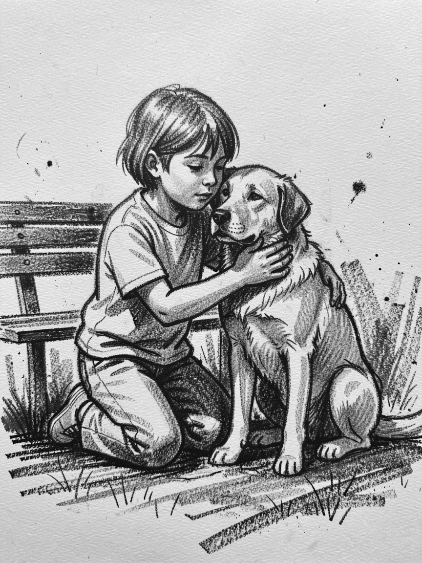 A child reunited with a lost pet after a long search, in a moment of quiet togetherness.
