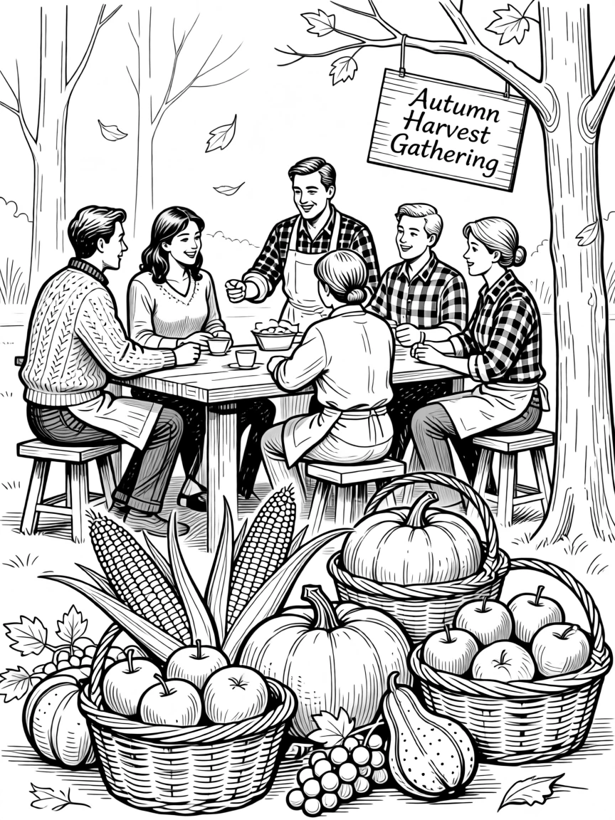 A traditional autumn harvest gathering with baskets overflowing with fresh produce.