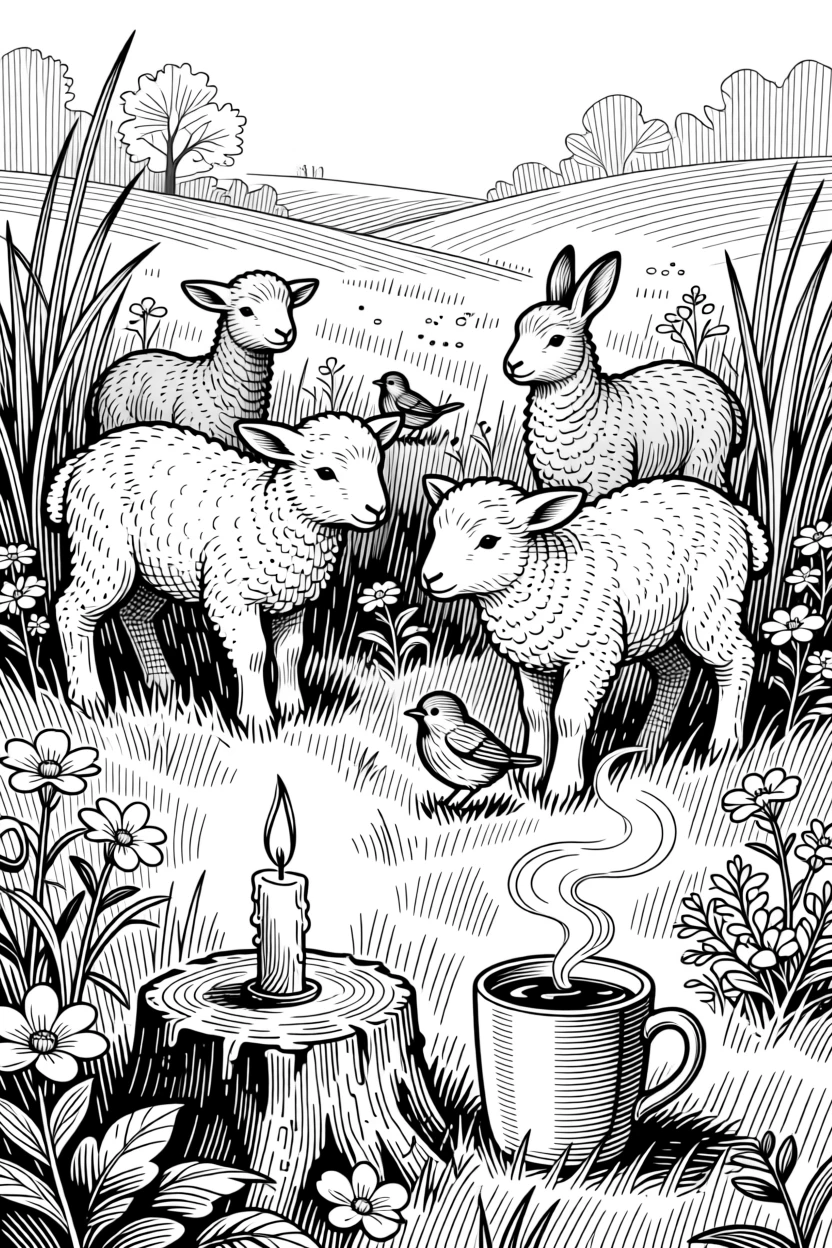 A spring meadow filled with baby animals with soft candlelight flickering nearby, with a steaming mug of cocoa resting nearby, capturing a peacefully magical seasonal moment.
