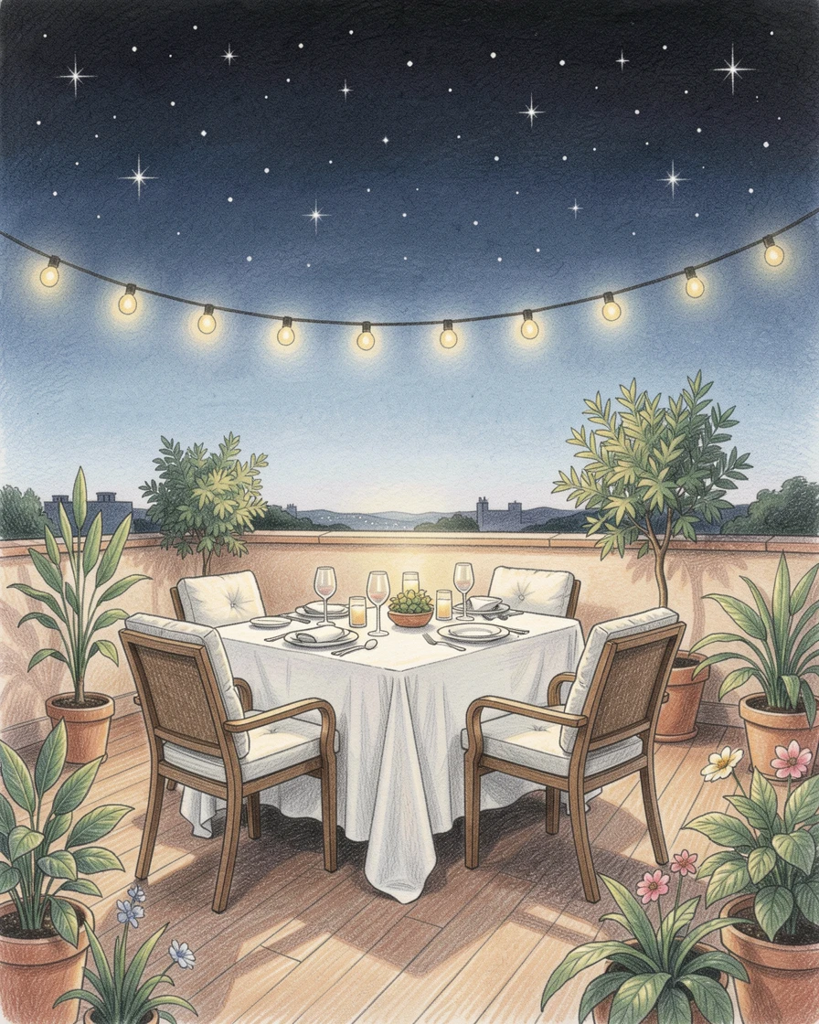 A rooftop terrace set for a summer dinner beneath the stars, with a gentle play of light and shadow across the composition, evoking warmth, beauty, and a lasting sense of wonder.