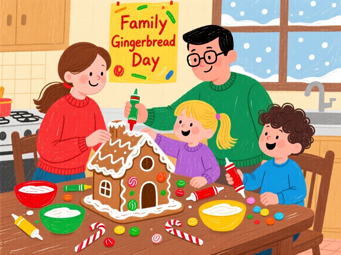 A family decorating a gingerbread house together at the kitchen table.