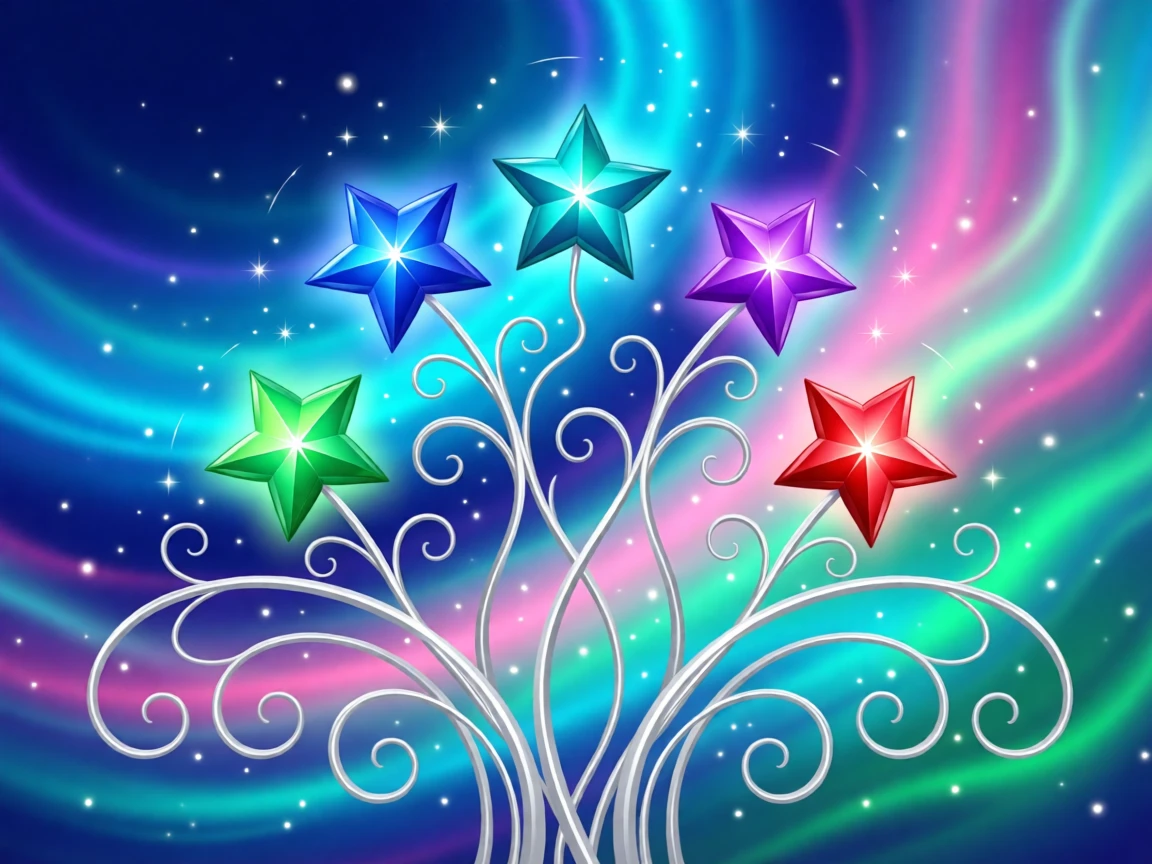 A celestial garden where stars bloom like flowers on silver vines, set against a backdrop of glowing aurora colors, composed with a fairy-tale storybook quality, with rich jewel tones that evoke wonder and imagination.