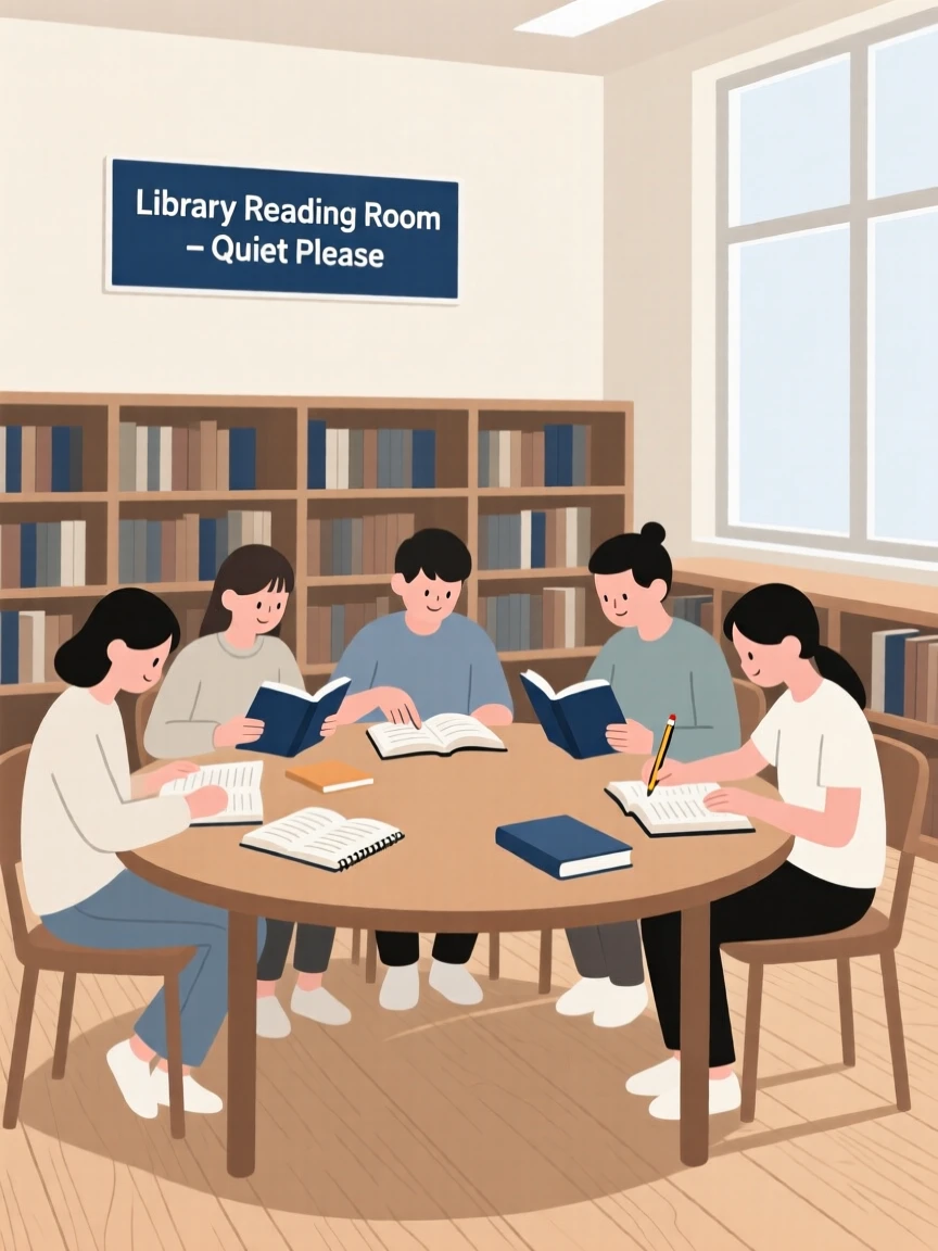 A group of students reading together in a library reading room.
