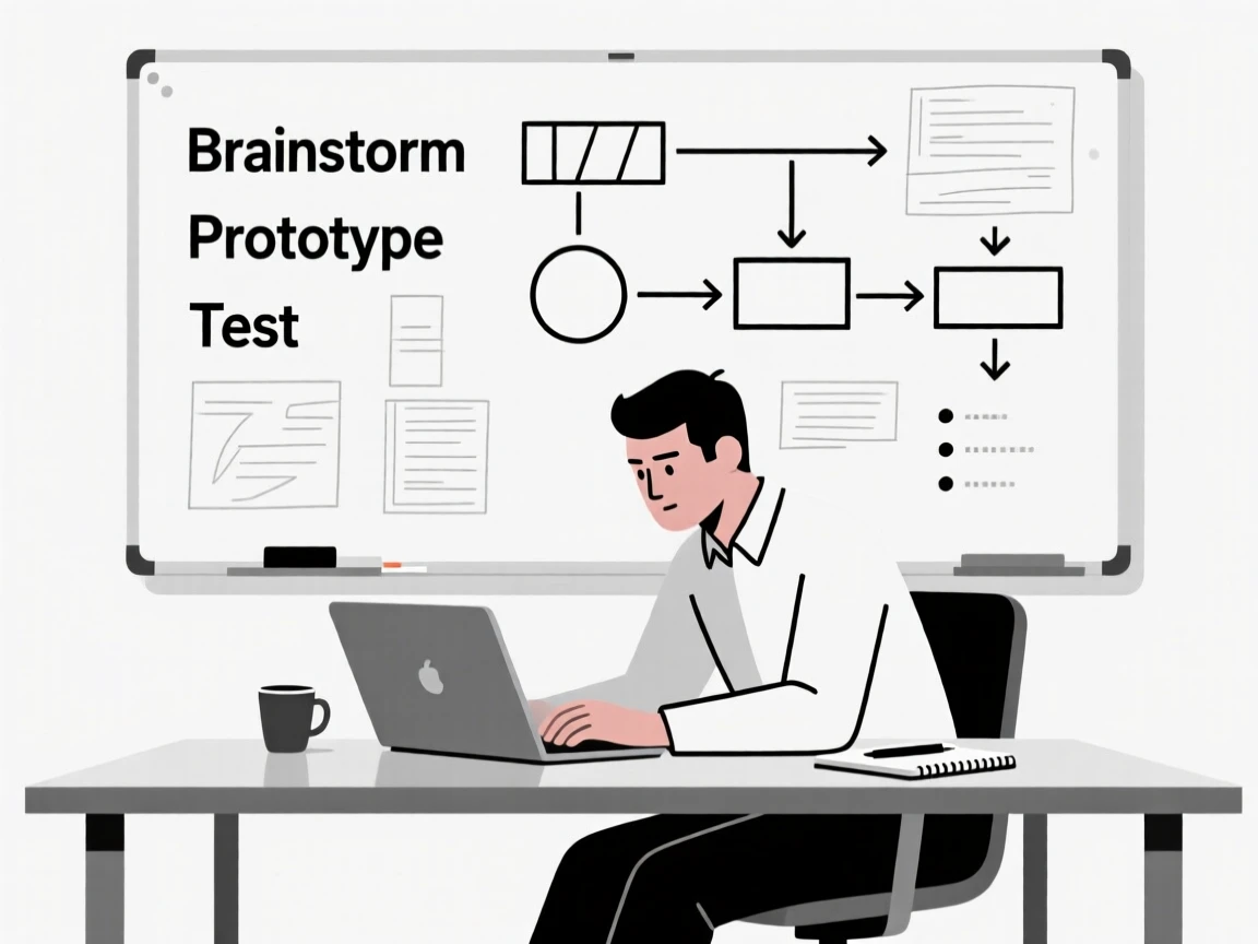 A focused engineer at a workstation working at a quiet design studio, surrounded by a whiteboard full of ideas, expressing focused determination.