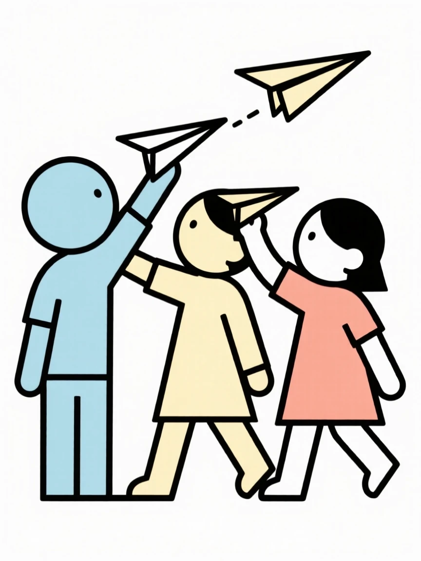 A group of children flying paper airplanes