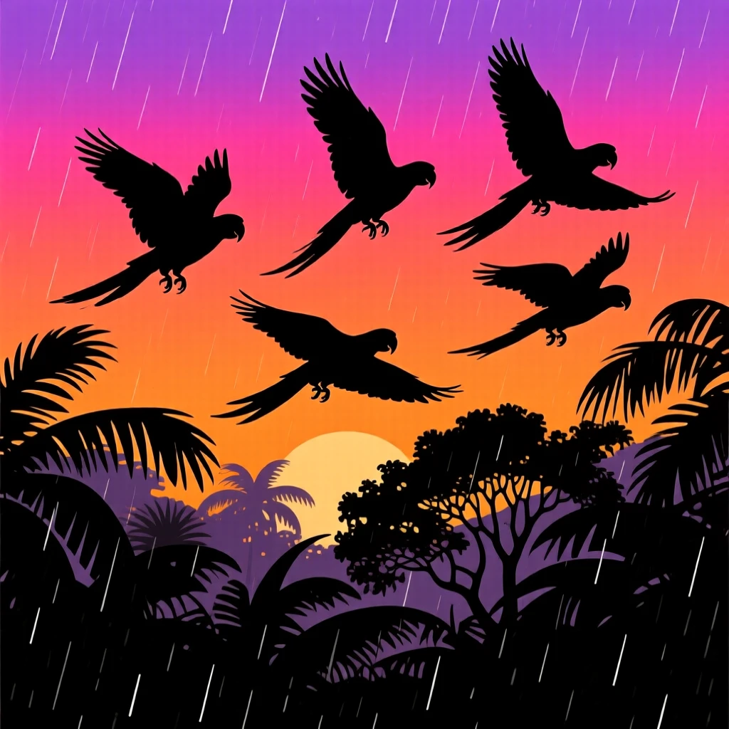 A group of wild parrots taking flight from a rainforest canopy in a burst of color.