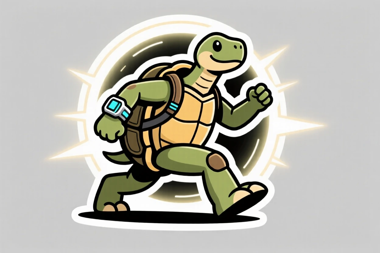 A dynamically posed time-traveling turtle stepping out of a glowing portal, striking a confident heroic pose, during an exciting made-up adventure.