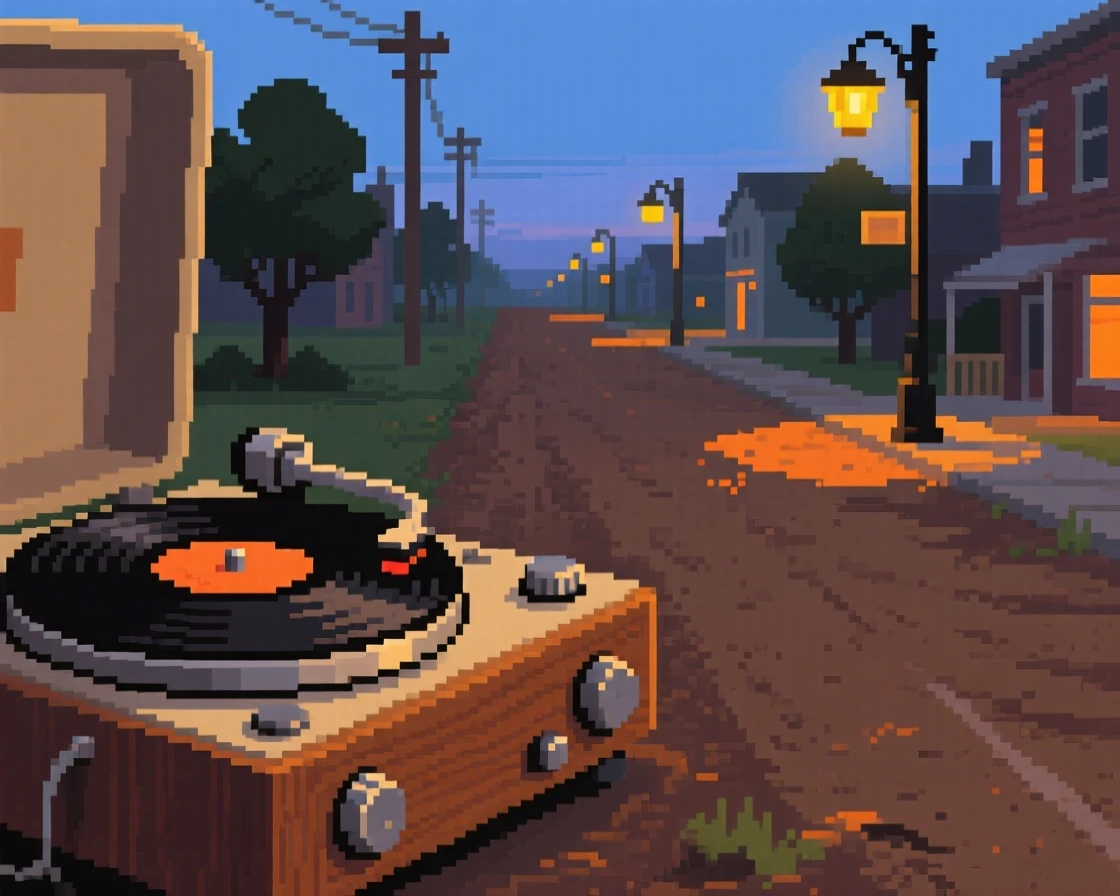 An old record player spinning a vinyl disc gathered close as the streetlights flicker on, along a dirt road leading out of town.