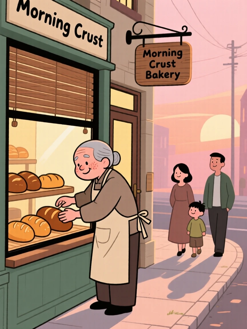 A elderly tailor opens the shutters of a small bakery at dawn, arranging warm loaves of bread in the window as the first customers approach.