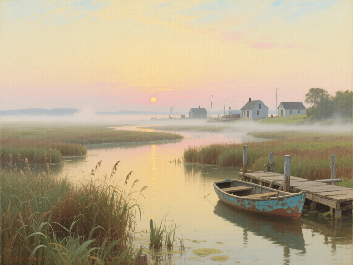 A panoramic view of a peaceful marsh at dawn, mist rising from still water, at golden hour, in a New England fishing town.