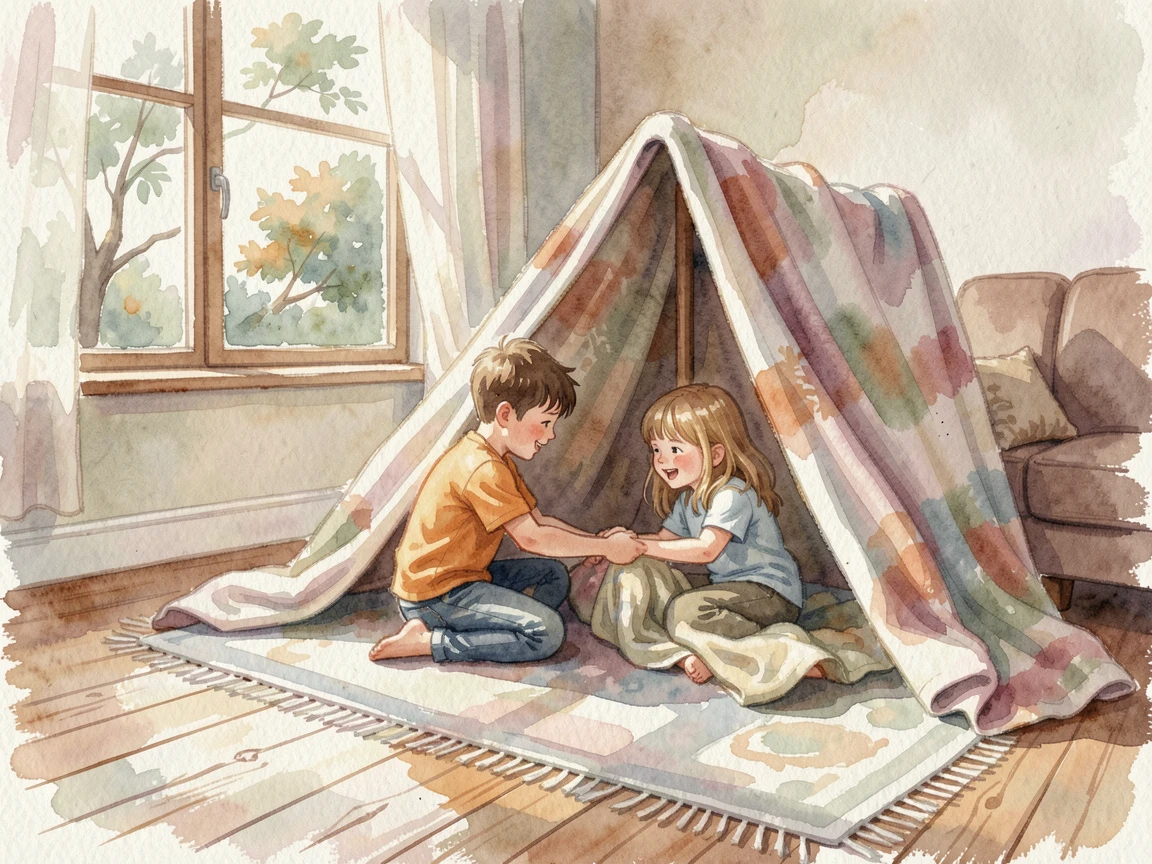 A boy and girl building a blanket fort in the living room with a gentle breeze rustling nearby trees.