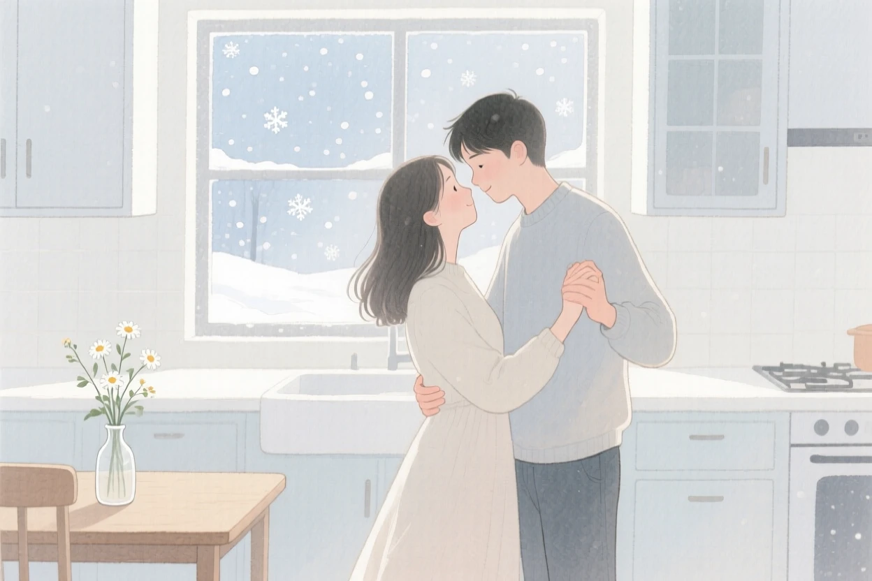 A tender moment of a slow dance in a quiet kitchen, as snow falls softly around them, capturing quiet affection between two people