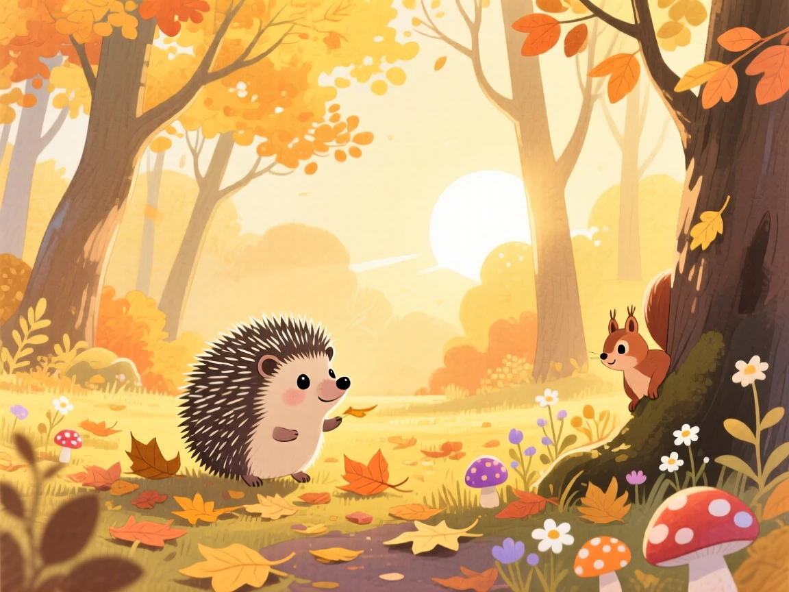 A tiny hedgehog discovering something new in a golden autumn woodland at sunrise.