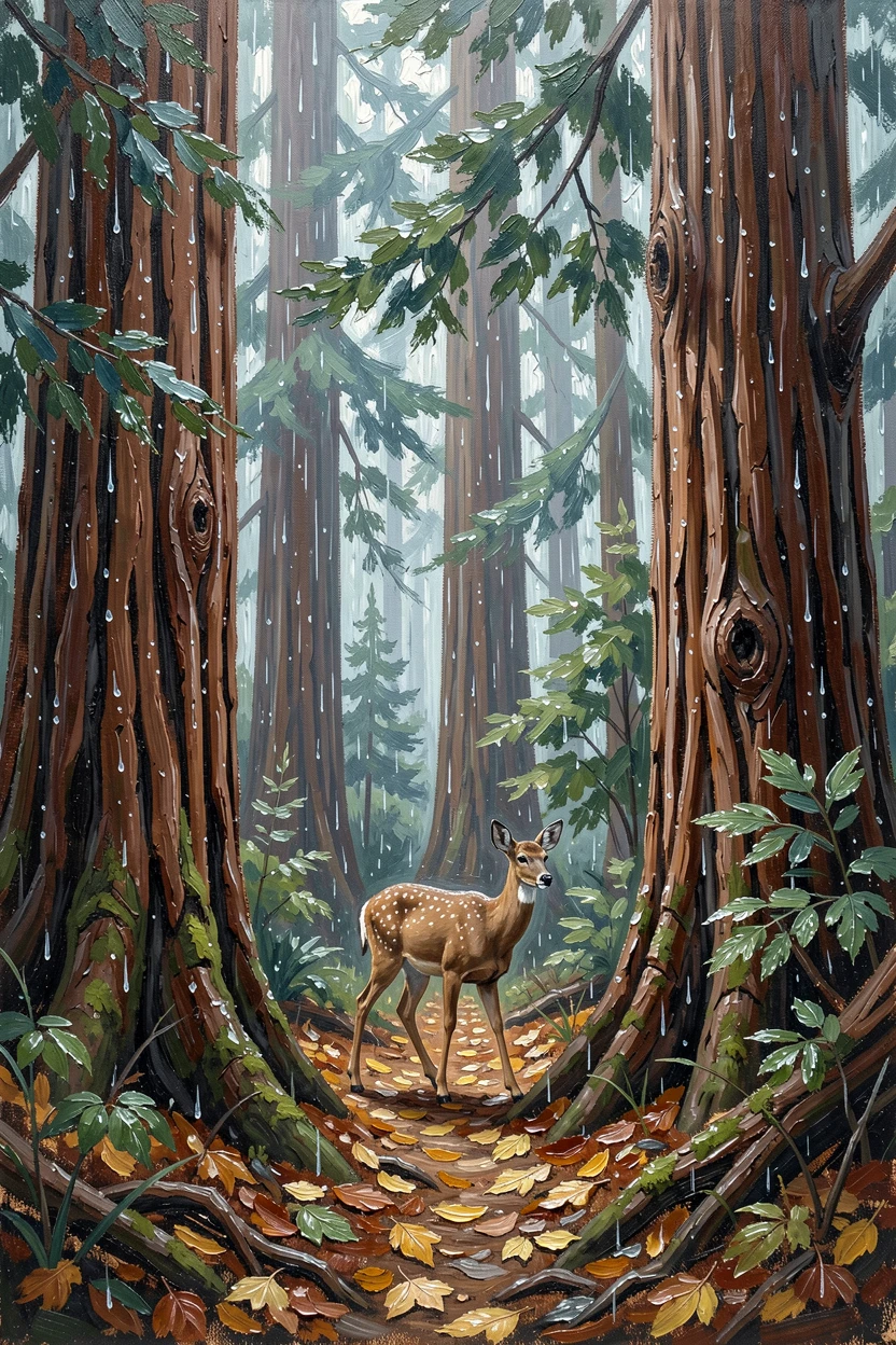A dense old-growth forest of towering redwoods, a deer stepping quietly between the trees, along a trail carpeted with fallen leaves, on a rainy afternoon, droplets glistening on every leaf.