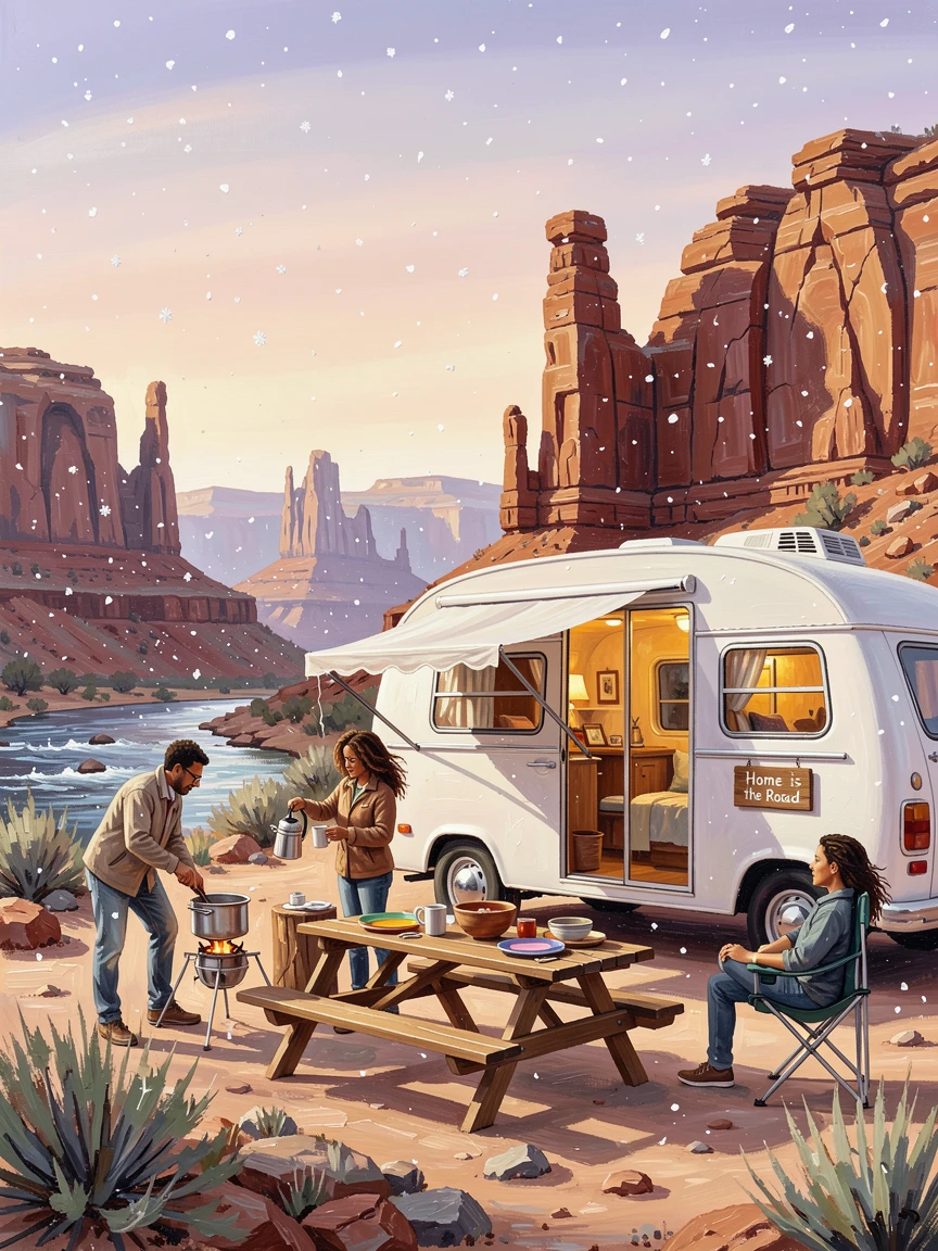A group of van-lifers cooks breakfast at a scenic overlook in Utah, their converted camper van parked beside dramatic red rock formations, the natural elements, whether wind, water, or snow, playing an active role in the scene.