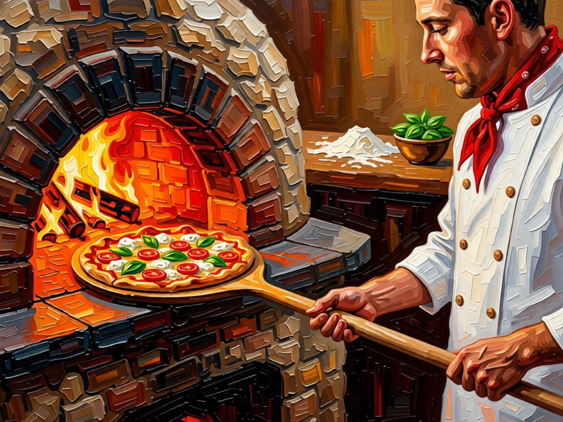 A wood-fired pizza oven glowing orange as a chef slides in a fresh pie