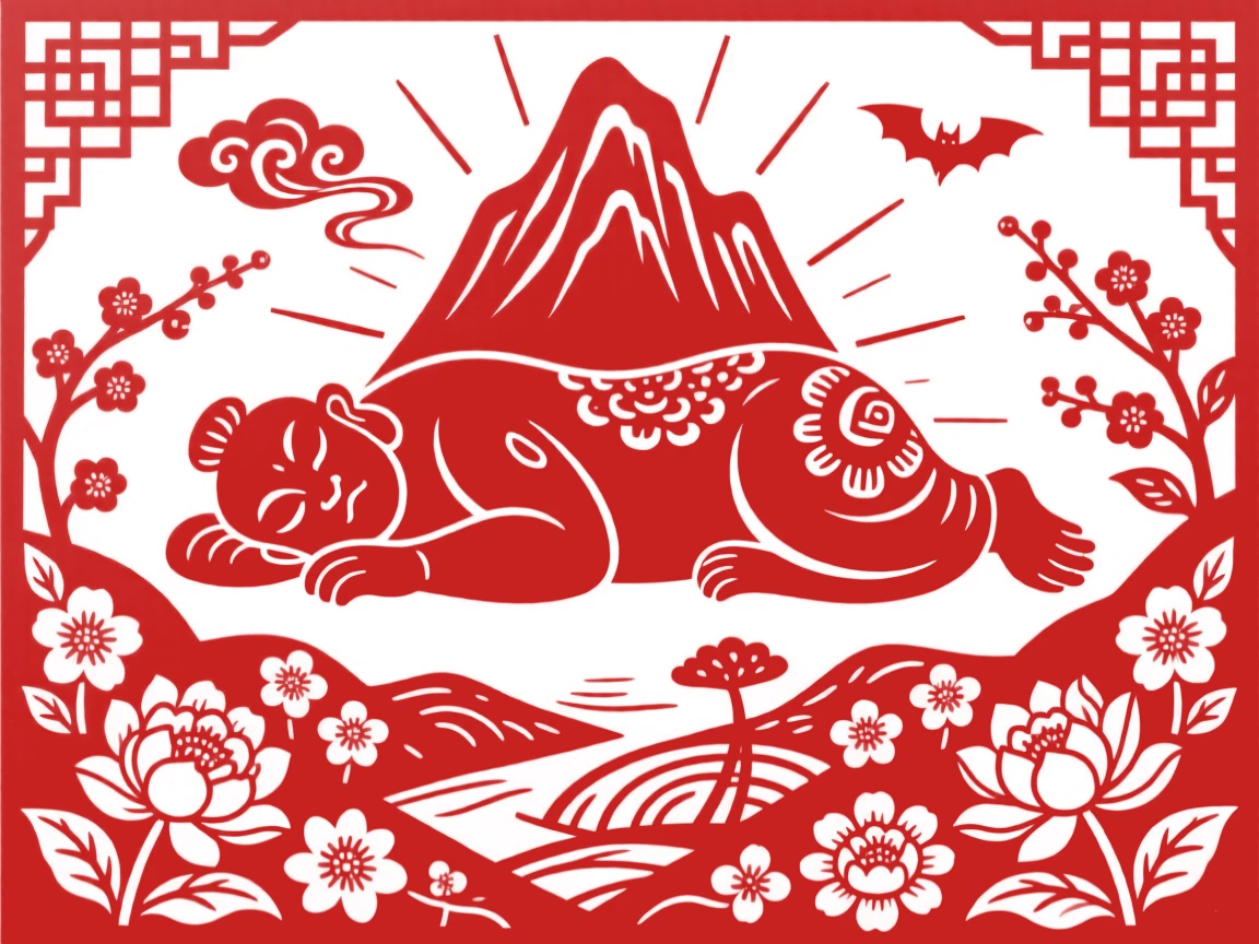 A mountain shaped like a slumbering giant, cradled within a valley of luminous flowers, wrapped in an aura of timeless wonder.