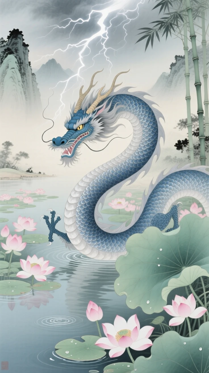 A thunder dragon crackling with faint lightning above blooming lotus flowers in an otherworldly garden