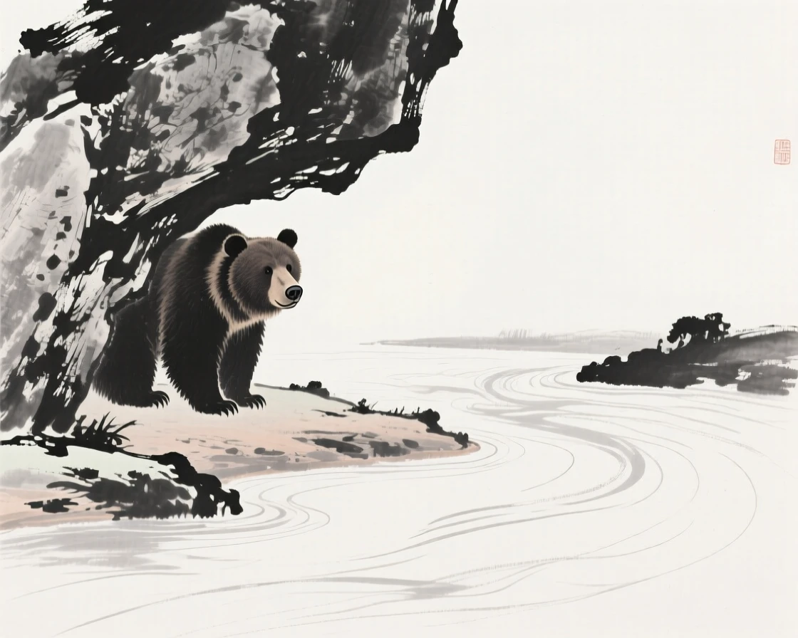 A bear sheltering beneath overhanging rock along the bank of a quiet river, positioned off-center, leaving space for the quiet landscape around it, evoking the gentle rhythm of the natural world.