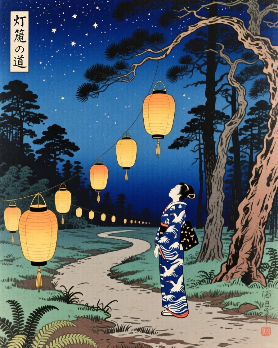 A winding path of floating lanterns through a starry sky, standing at the edge of an ancient forest.
