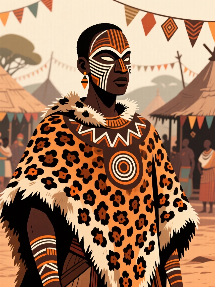 A leopard-skin ceremonial cloak displayed proudly during a village festival.