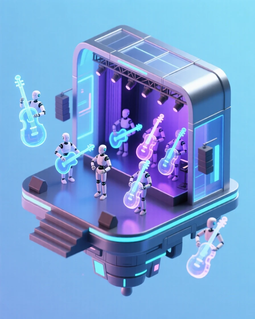 A cybernetic orchestra performing in a floating concert hall, holographic instruments glowing above the stage.