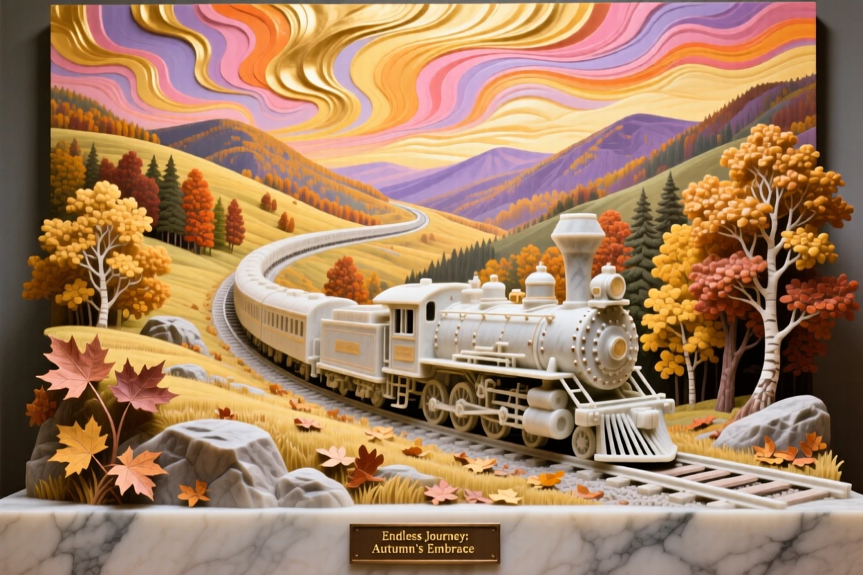An evocative depiction of a train winding through a golden autumn valley, under a brilliant, colorful sky, balancing detail with emotional depth