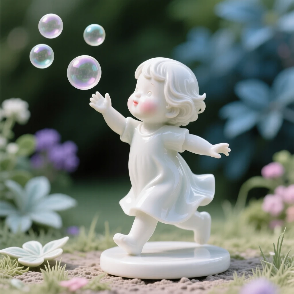An everyday moment of quiet beauty: a child chasing bubbles in a garden, evoking a comforting sense of home.