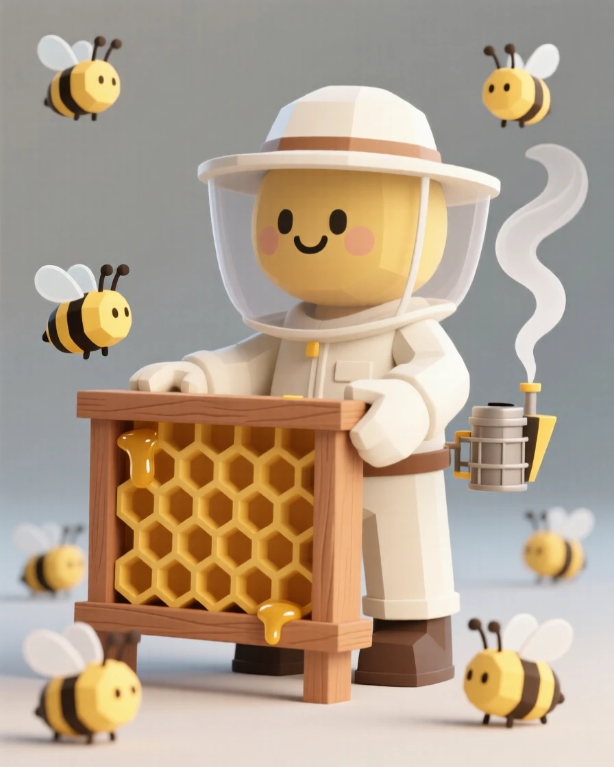A cheerful beekeeper harvests golden honey from a wooden frame, bees calmly buzzing around a smoker's gentle smoke.