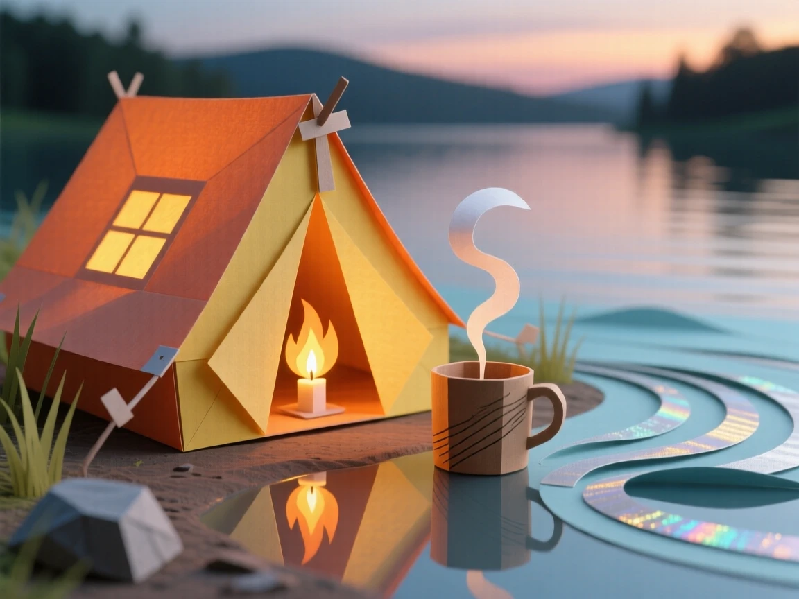 A glowing tent beside a calm lake lit softly by flickering candlelight, with steam rising gently from a warm drink, evoking cozy domestic warmth.