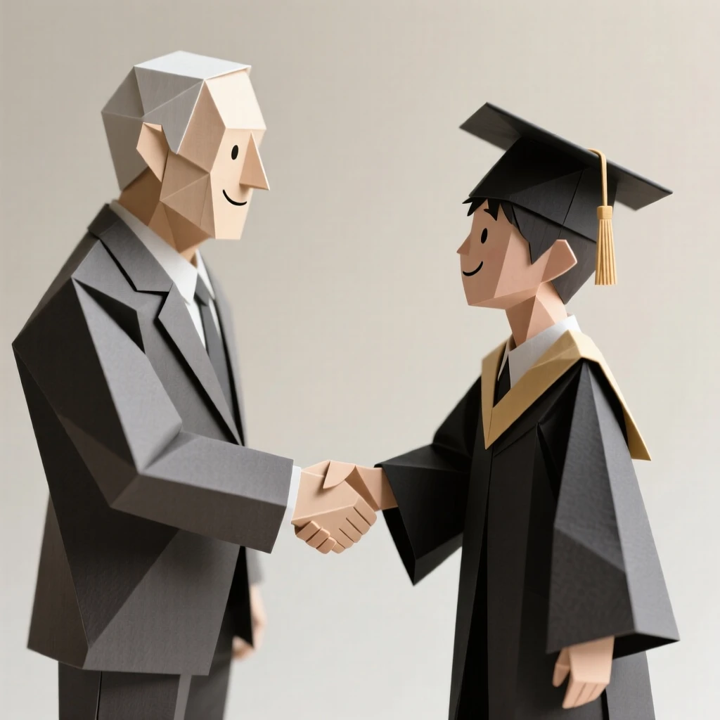 A mentor shaking hands with a young graduate, pride evident in both expressions.