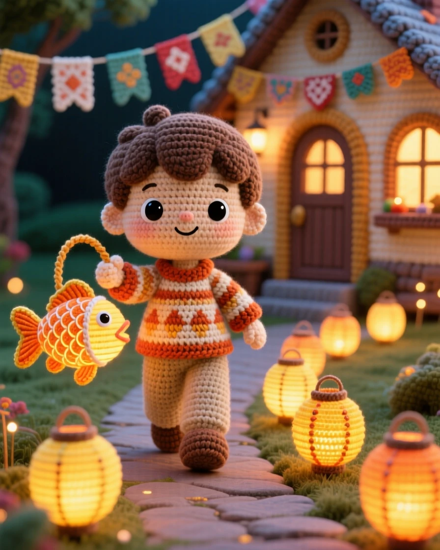 a small boy holding a small paper lantern shaped like a fish, for a river festival, walking along a lantern-lit path, at a cozy home decorated for a family tradition, with a row of glowing lanterns lining the path, radiating bright, celebratory warmth.